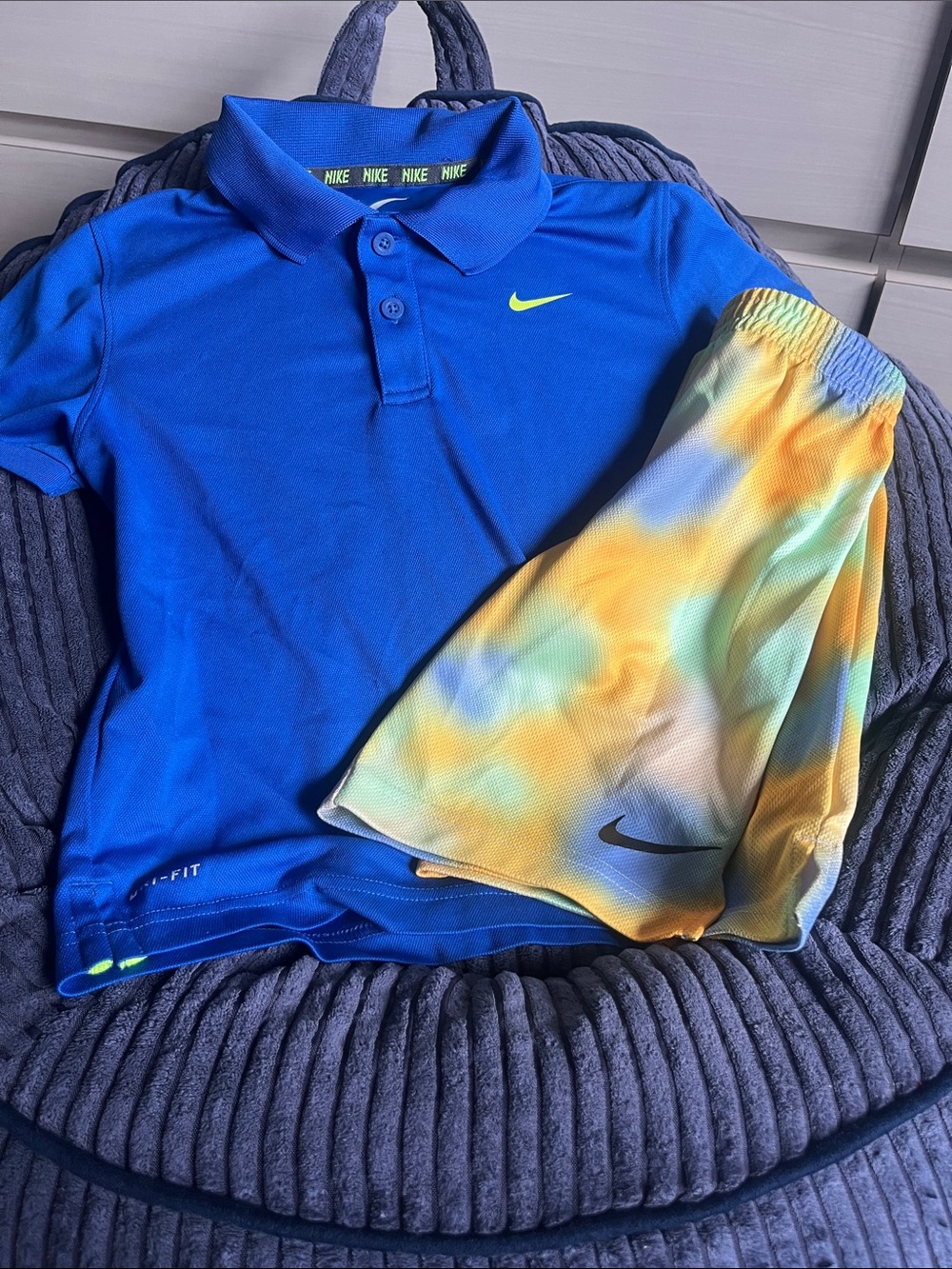 Nike Boys Blue Polo with Yellow Green Blue Tie-Dye Shorts
